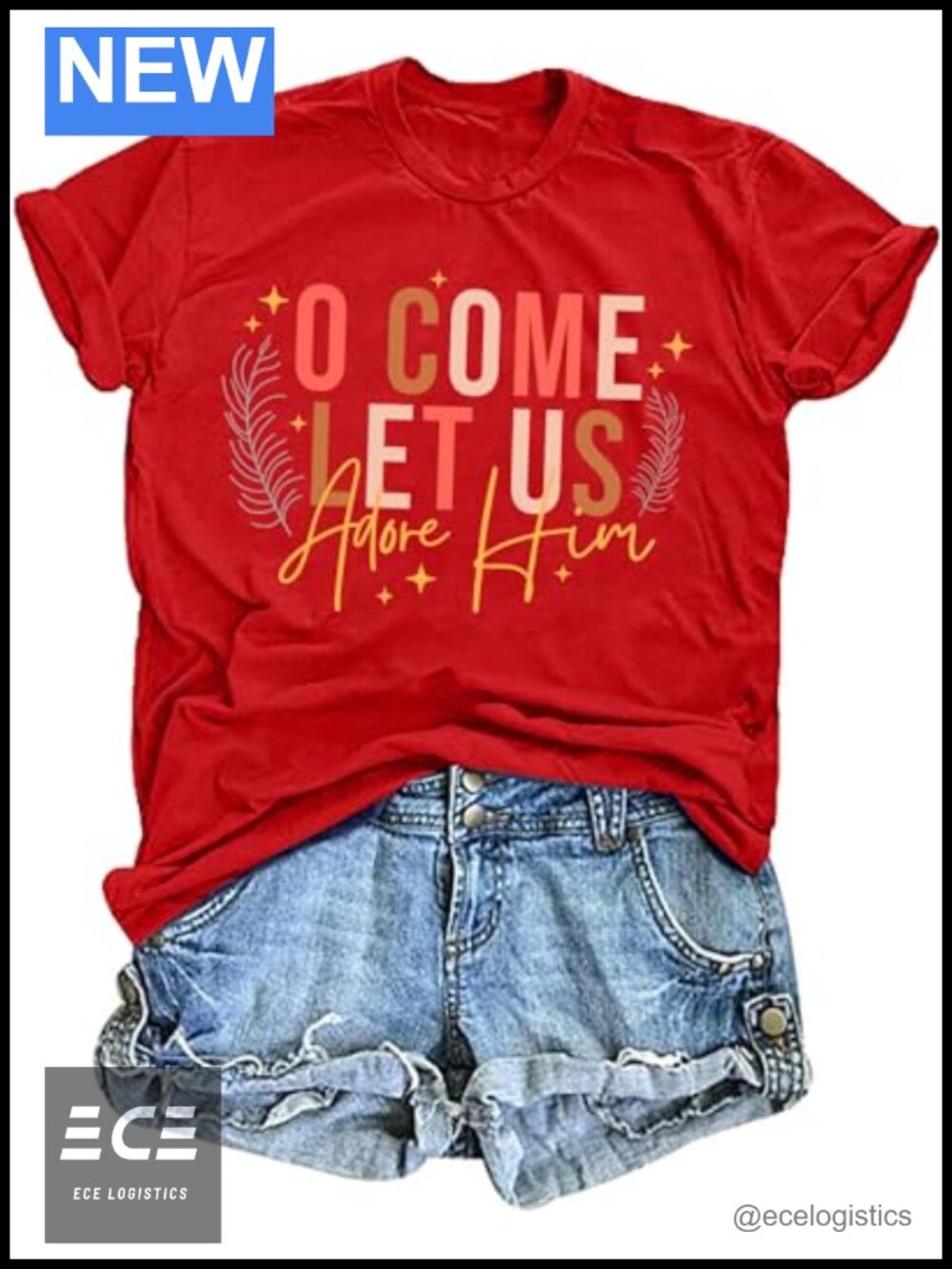 Christian Christmas T-Shirt O Come Let Us Adore Him Letter Print Women's Tee